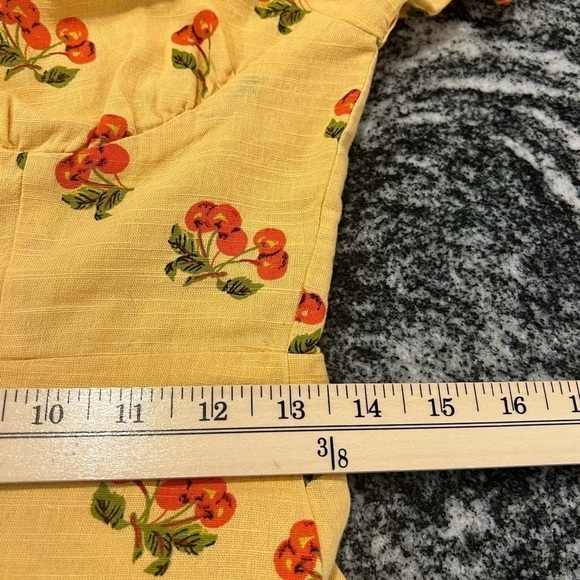 UO honey yellow with cherries print milkmaid mini dress with ruffles - Picture 8 of 14